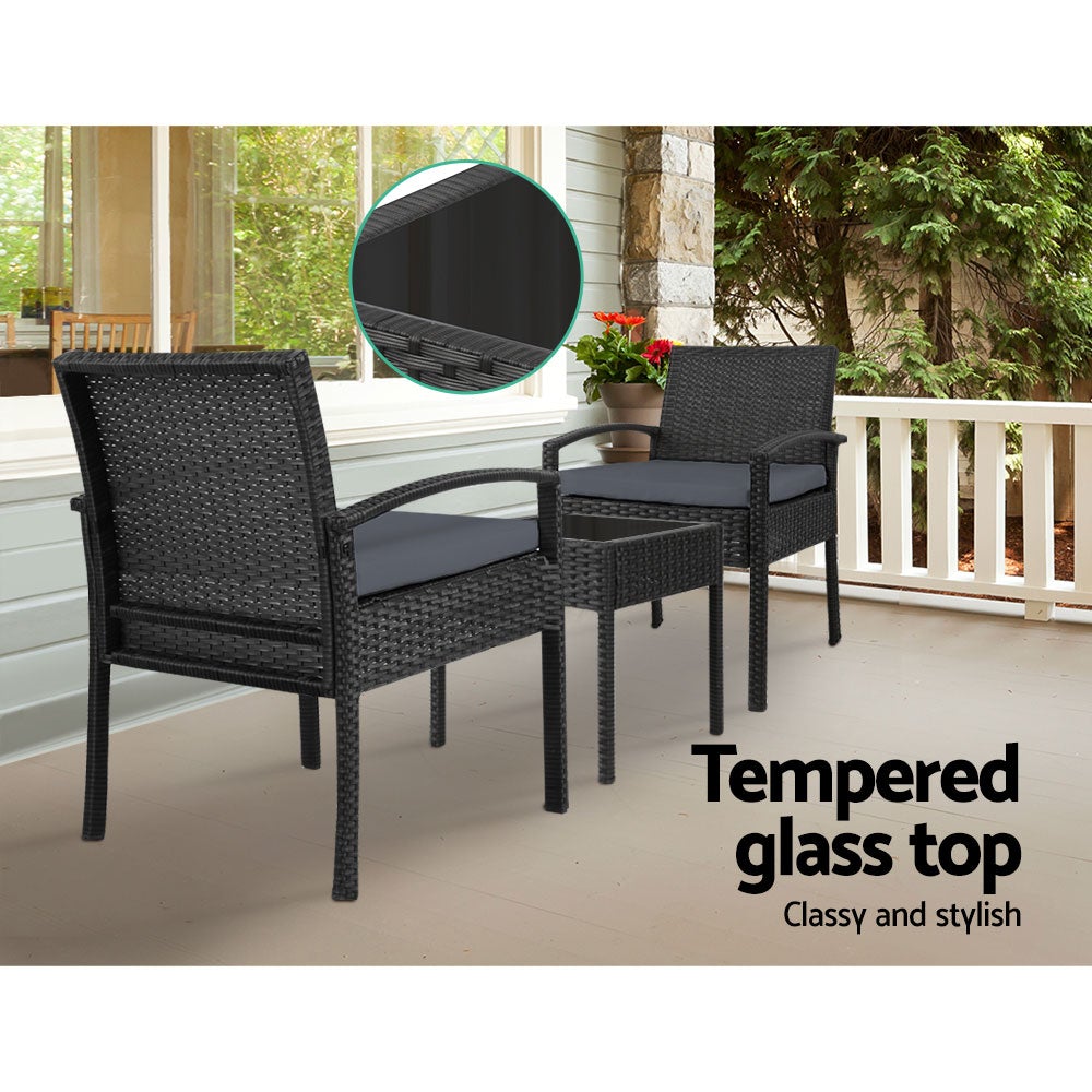 Gardeon 3-piece Outdoor Set in Black featuring two chairs and a side table with cushions, perfect for outdoor relaxation.