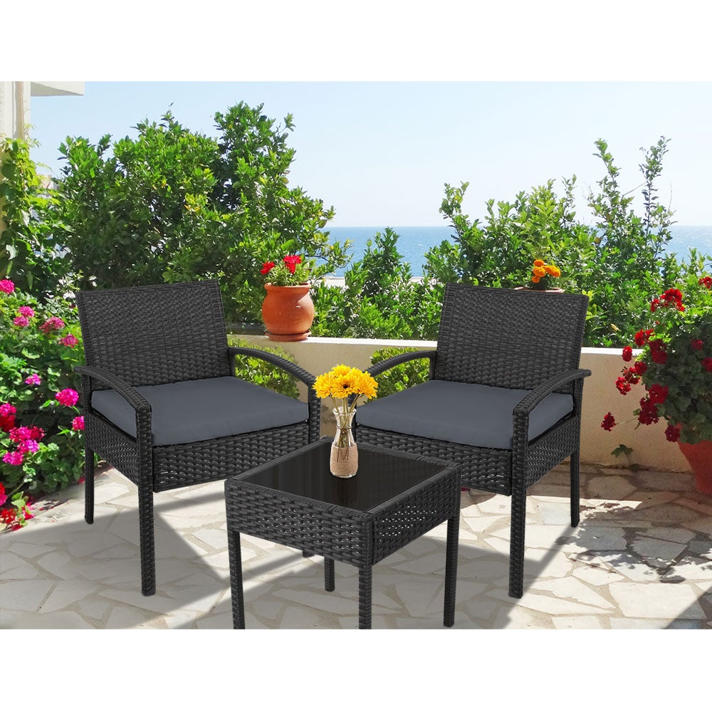 Gardeon 3-piece Outdoor Set in Black featuring two chairs and a side table with cushions, perfect for outdoor relaxation.