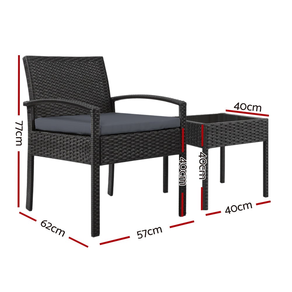 Gardeon 3-piece Outdoor Set in Black featuring two chairs and a side table with cushions, perfect for outdoor relaxation.