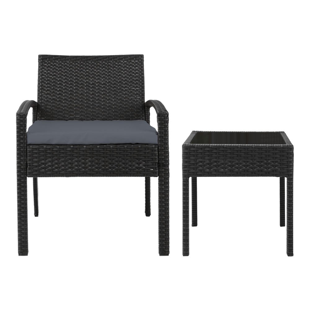 Gardeon 3-piece Outdoor Set in Black featuring two chairs and a side table with cushions, perfect for outdoor relaxation.