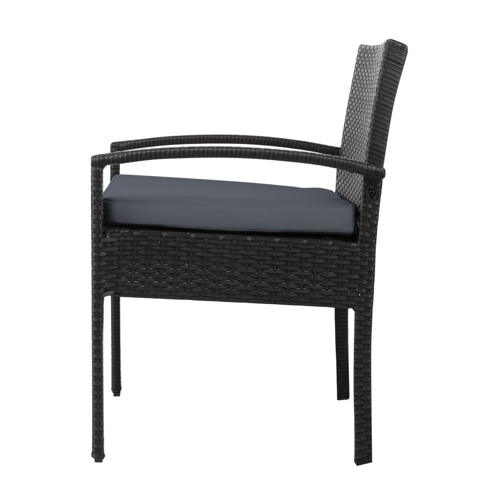 Gardeon 3-piece Outdoor Set in Black featuring two chairs and a side table with cushions, perfect for outdoor relaxation.