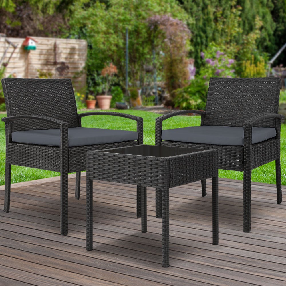 Gardeon 3-piece Outdoor Set in Black featuring two chairs and a side table with cushions, perfect for outdoor relaxation.