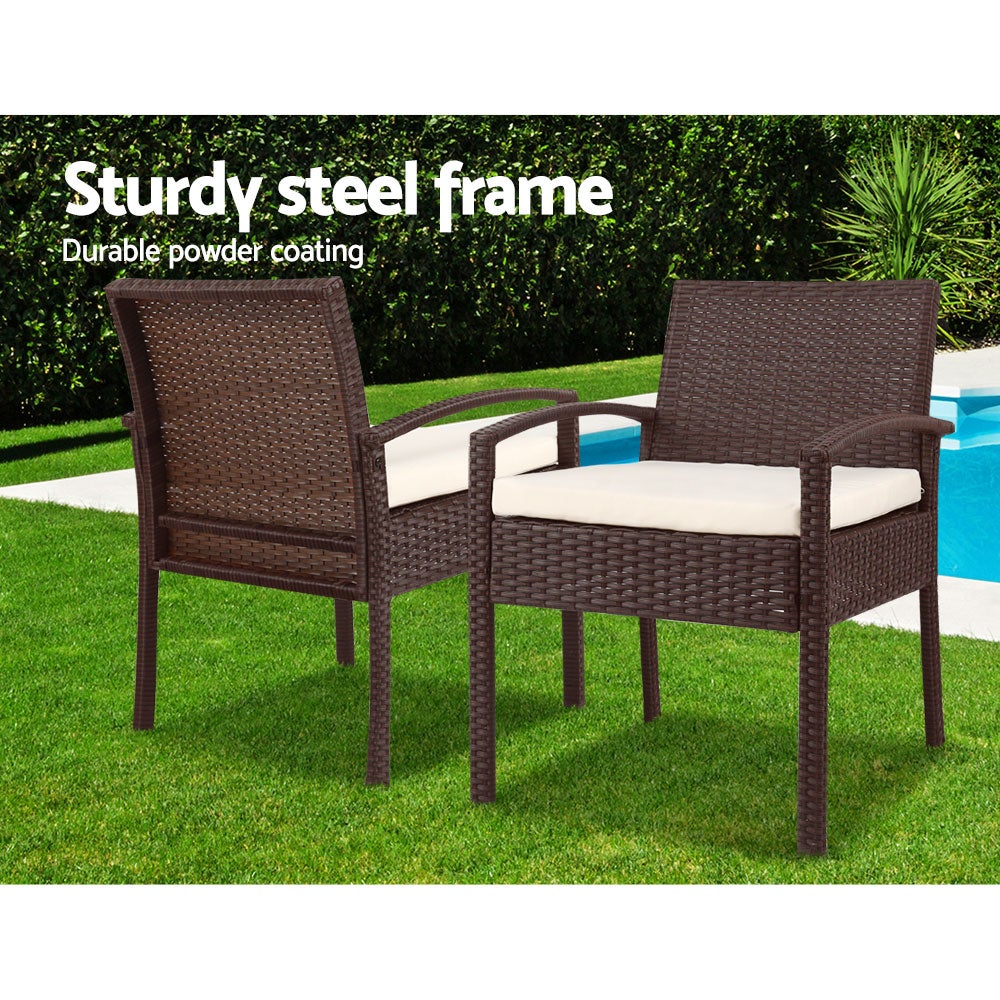 Gardeon 3-piece Outdoor Set featuring brown PE wicker chairs and a side table with a clear tempered glass top, complemented by beige cushions.