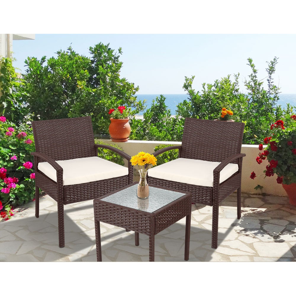 Gardeon 3-piece Outdoor Set featuring brown PE wicker chairs and a side table with a clear tempered glass top, complemented by beige cushions.