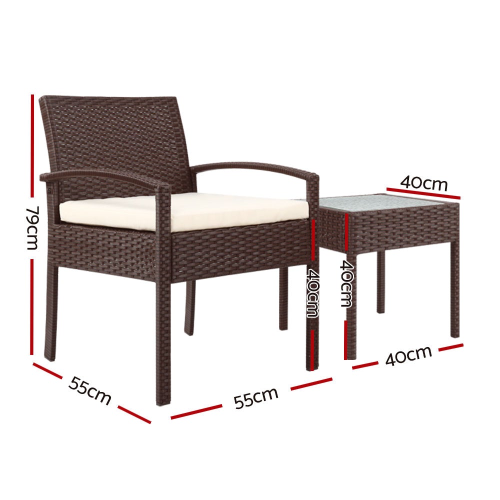 Gardeon 3-piece Outdoor Set featuring brown PE wicker chairs and a side table with a clear tempered glass top, complemented by beige cushions.