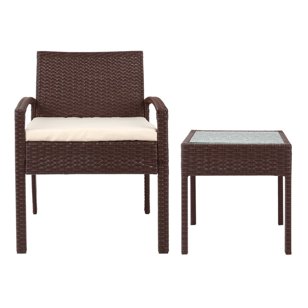 Gardeon 3-piece Outdoor Set featuring brown PE wicker chairs and a side table with a clear tempered glass top, complemented by beige cushions.