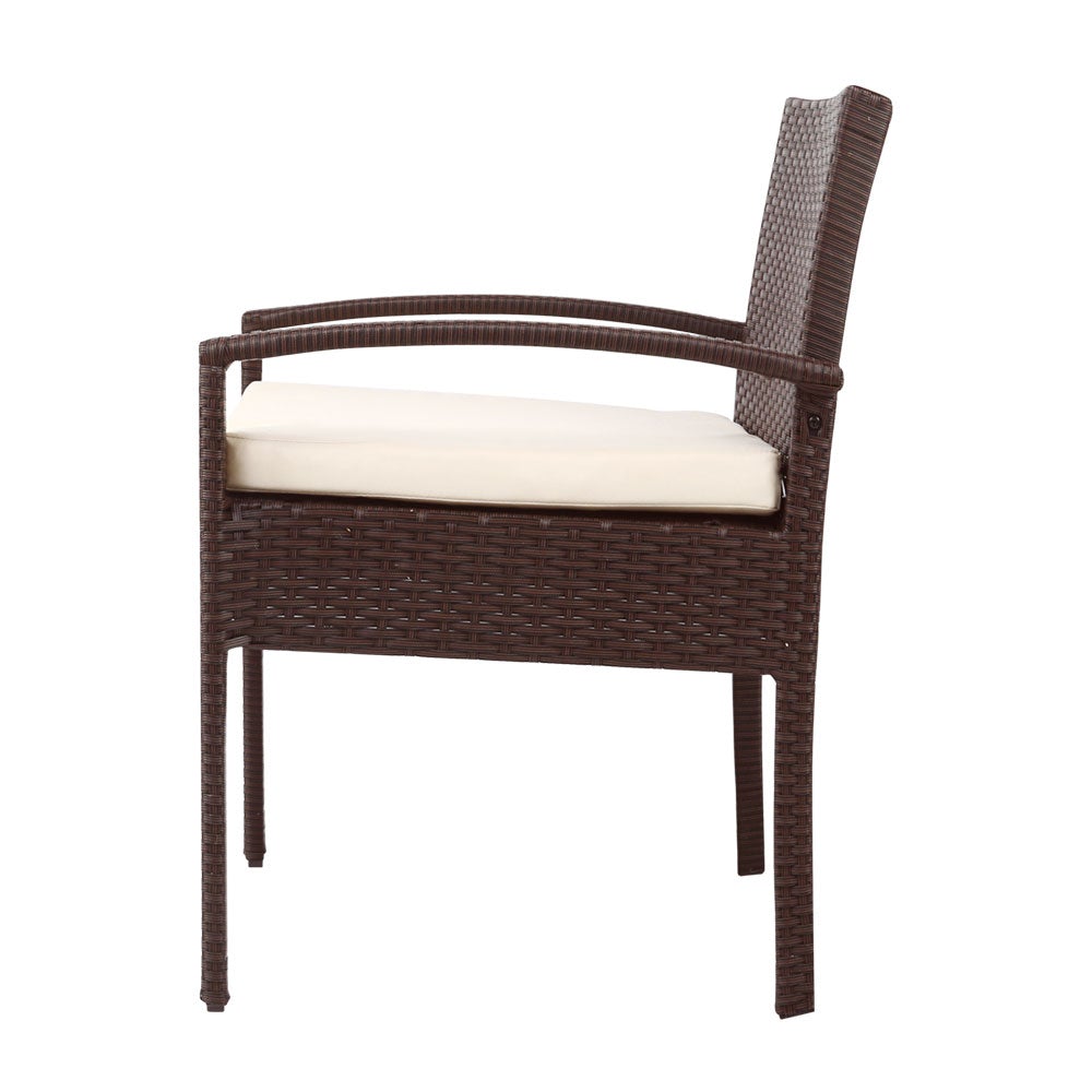 Gardeon 3-piece Outdoor Set featuring brown PE wicker chairs and a side table with a clear tempered glass top, complemented by beige cushions.