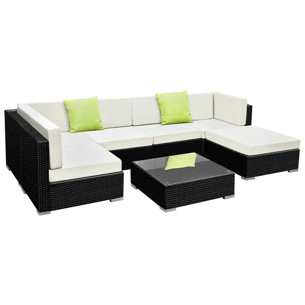 Gardeon 7PC Outdoor Furniture Sofa Set featuring black aluminium frame, beige cushions, and lime green throw pillows, perfect for garden or patio.