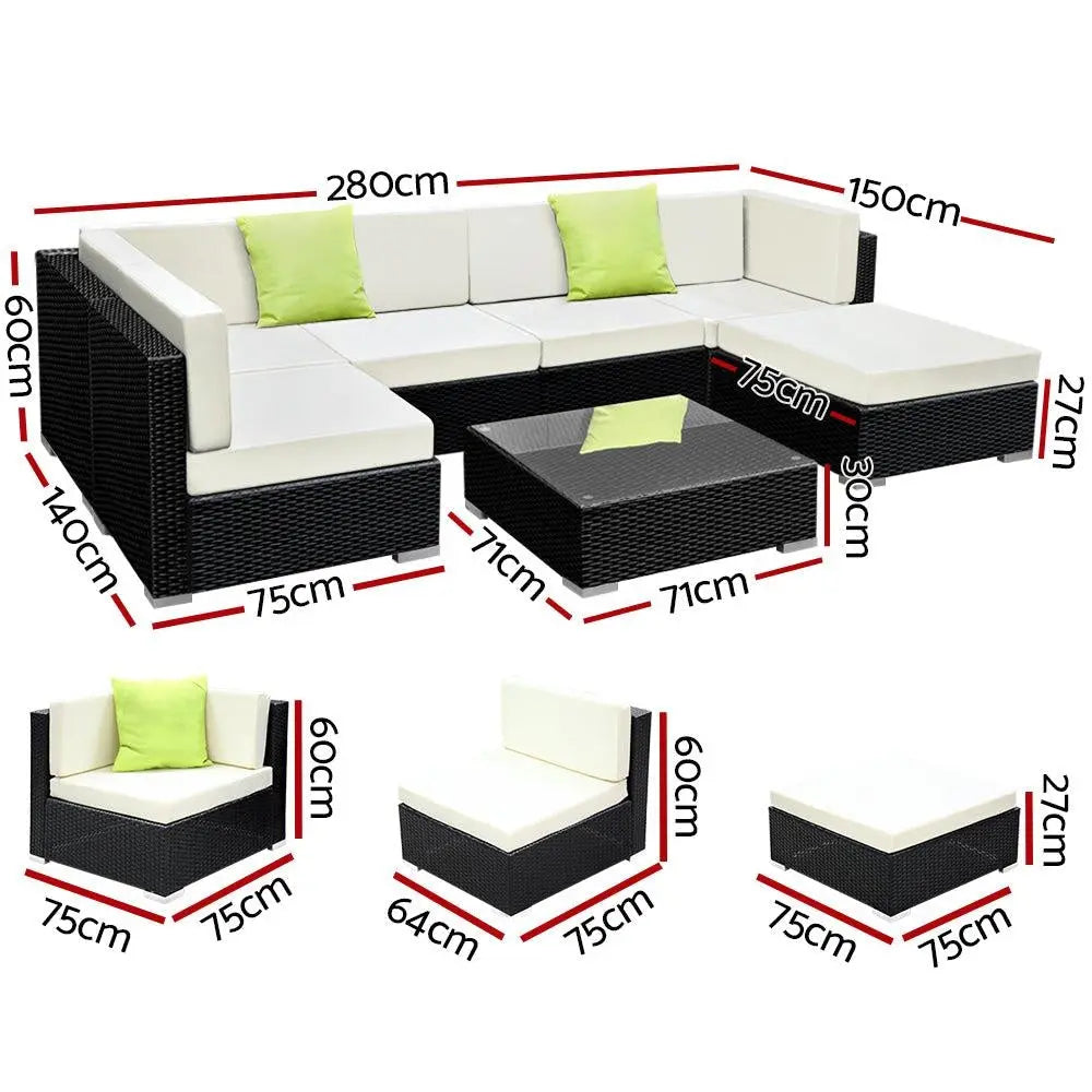 Gardeon 7PC Outdoor Furniture Sofa Set featuring black aluminium frame, beige cushions, and lime green throw pillows, perfect for garden or patio.