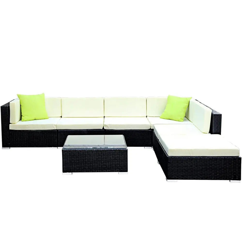 Gardeon 7PC Outdoor Furniture Sofa Set featuring black aluminium frame, beige cushions, and lime green throw pillows, perfect for garden or patio.