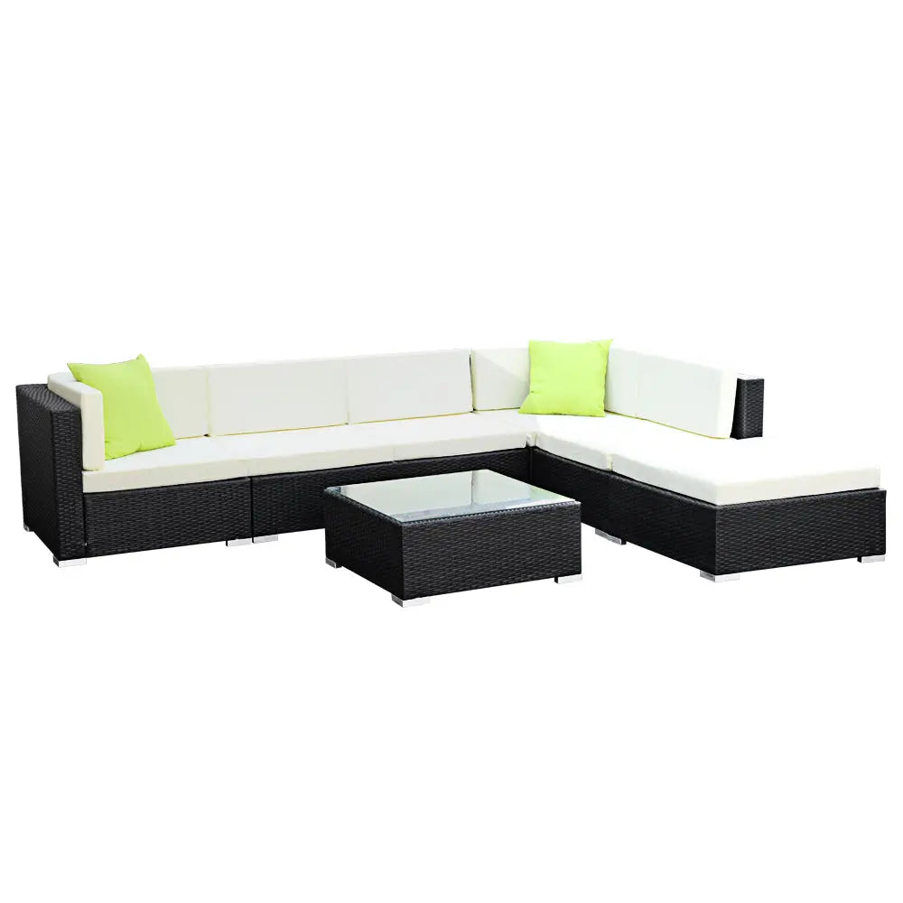 Gardeon 7PC Outdoor Furniture Sofa Set featuring black aluminium frame, beige cushions, and lime green throw pillows, perfect for garden or patio.