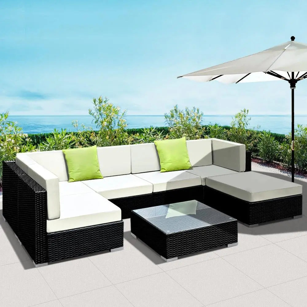 Gardeon 7PC Outdoor Furniture Sofa Set featuring black aluminium frame, beige cushions, and lime green throw pillows, perfect for garden or patio.