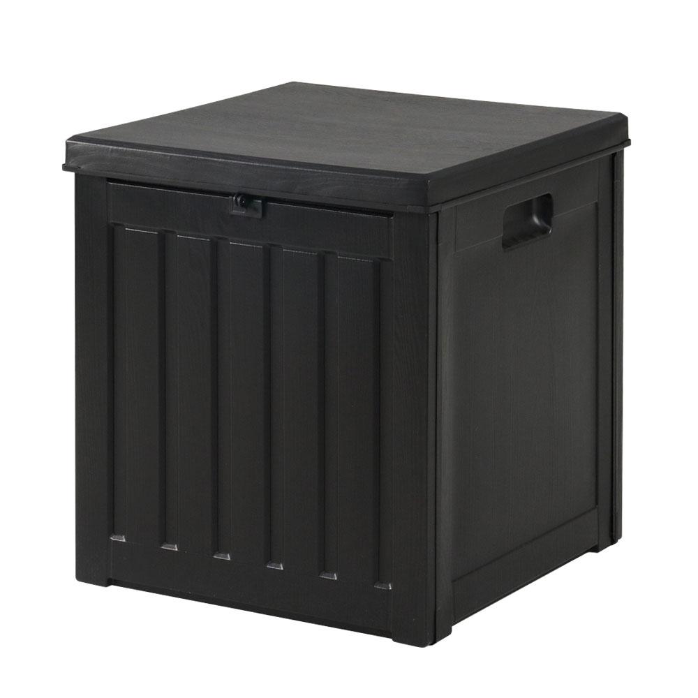 Gardeon 80L Outdoor Storage Box in black, made of eco-friendly PP plastic and steel, featuring a rattan-like design and integrated handles.