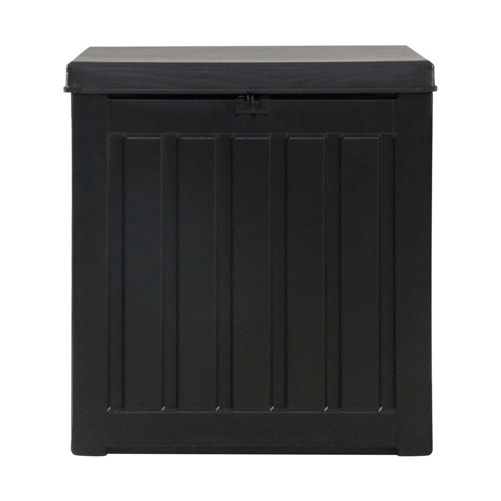 Gardeon 80L Outdoor Storage Box in black, made of eco-friendly PP plastic and steel, featuring a rattan-like design and integrated handles.