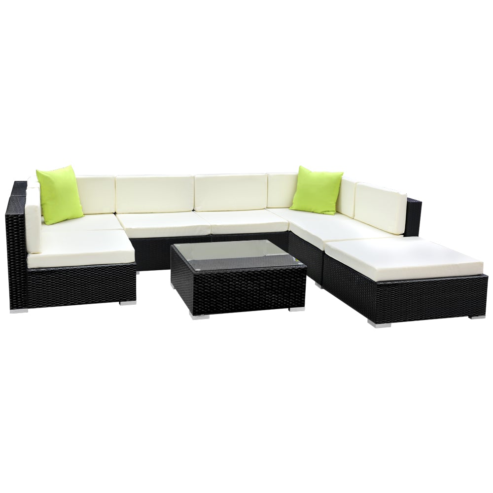 Gardeon 8PC Outdoor Sofa Set featuring black aluminium frame, beige cushions, and lime green throw pillows, with a glass-top table and ottoman.