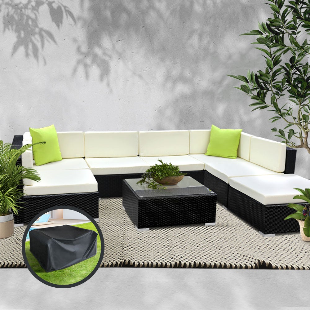 Gardeon 8PC Outdoor Sofa Set featuring black aluminium frame, beige cushions, and lime green throw pillows, with a glass-top table and ottoman.