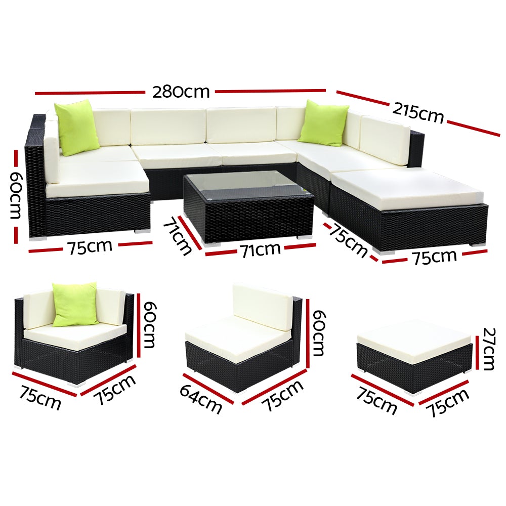 Gardeon 8PC Outdoor Sofa Set featuring black aluminium frame, beige cushions, and lime green throw pillows, with a glass-top table and ottoman.