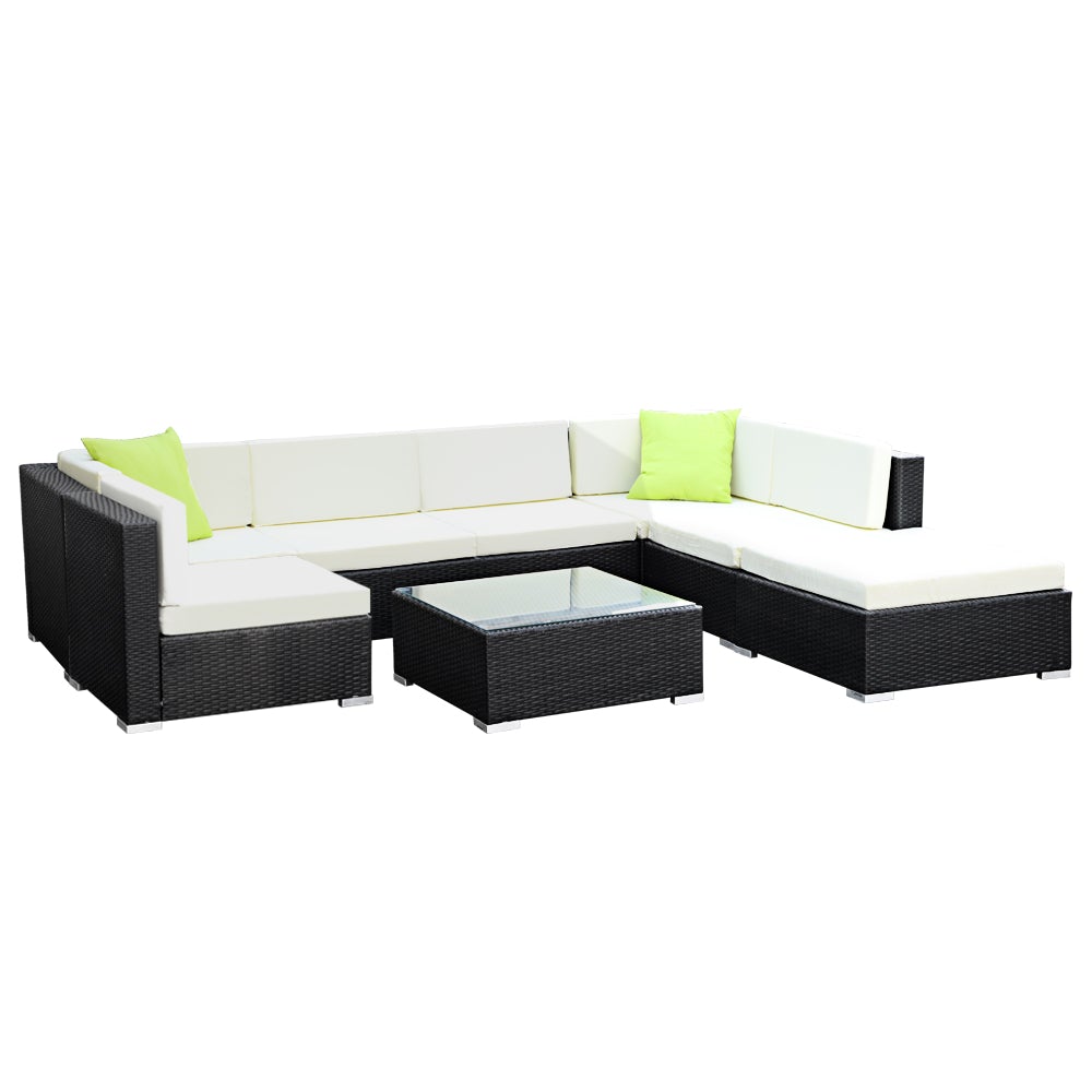 Gardeon 8PC Outdoor Sofa Set featuring black aluminium frame, beige cushions, and lime green throw pillows, with a glass-top table and ottoman.