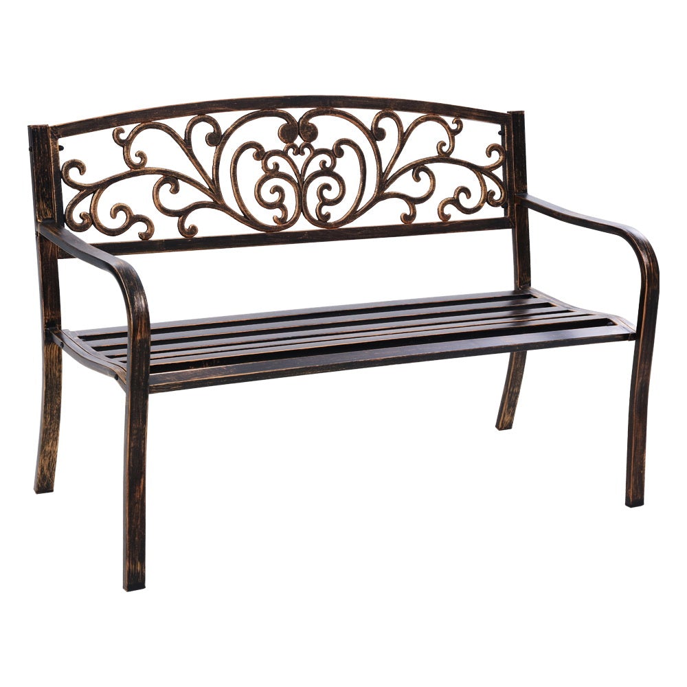 Gardeon Cast Iron Garden Bench in bronze with floral patterned backrest and sturdy steel seat, perfect for outdoor settings.