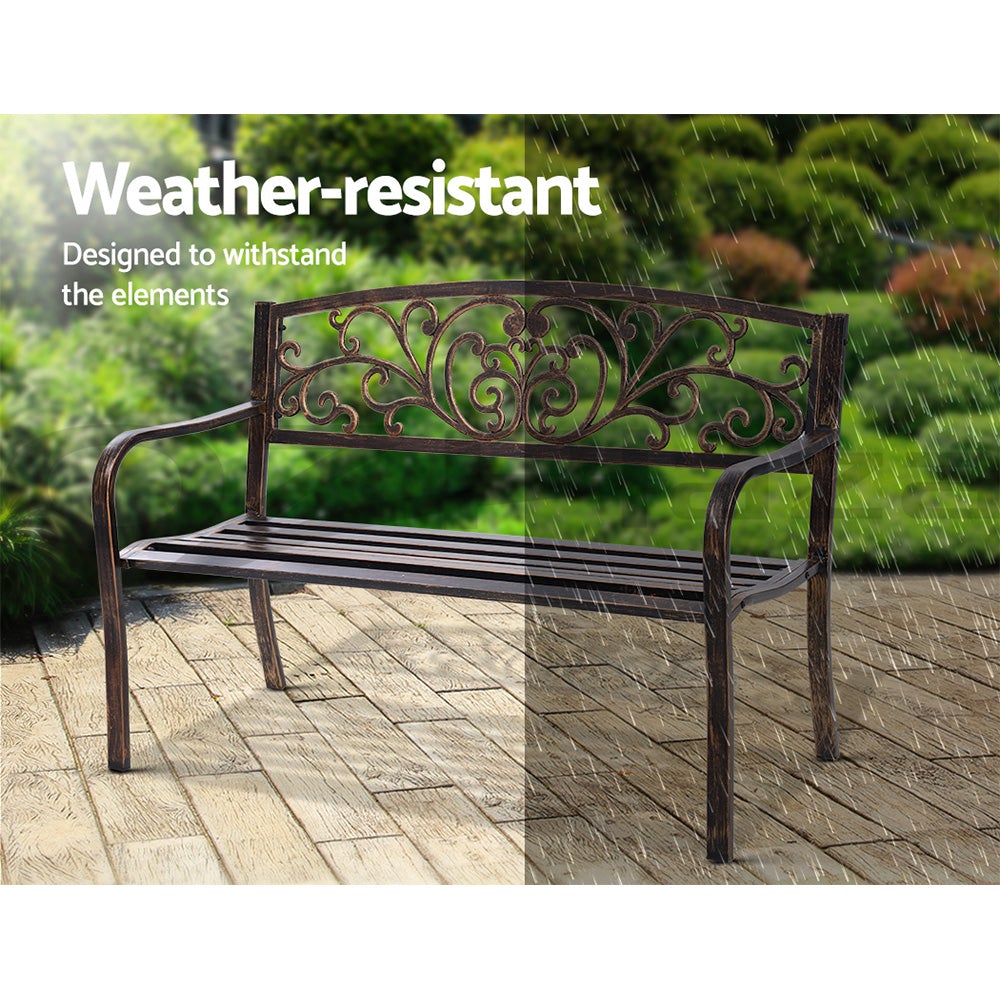 Gardeon Cast Iron Garden Bench in bronze with floral patterned backrest and sturdy steel seat, perfect for outdoor settings.