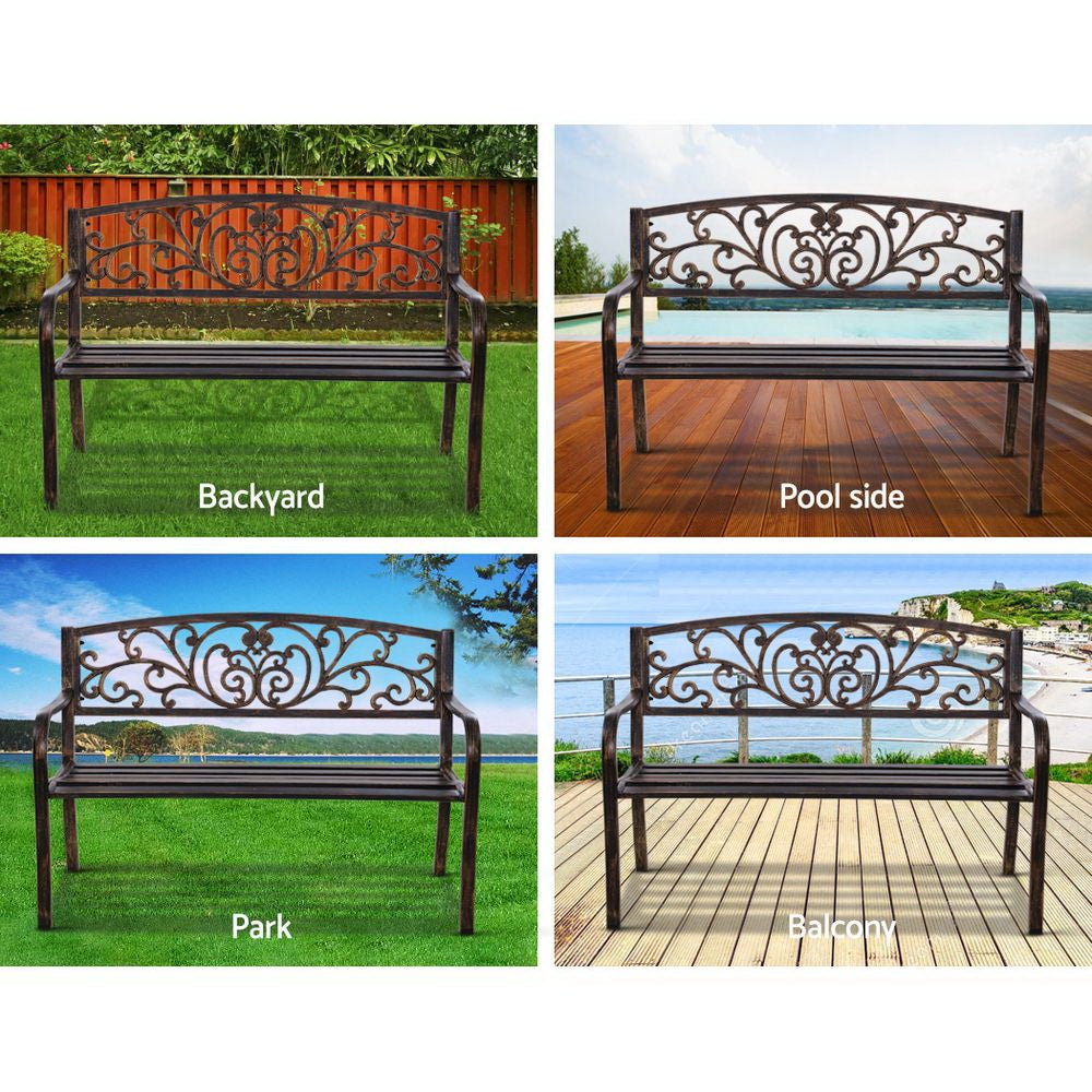 Gardeon Cast Iron Garden Bench in bronze with floral patterned backrest and sturdy steel seat, perfect for outdoor settings.