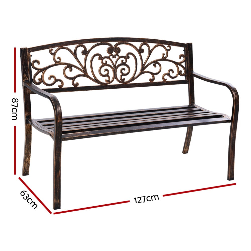 Gardeon Cast Iron Garden Bench in bronze with floral patterned backrest and sturdy steel seat, perfect for outdoor settings.