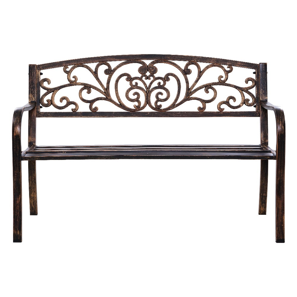 Gardeon Cast Iron Garden Bench in bronze with floral patterned backrest and sturdy steel seat, perfect for outdoor settings.