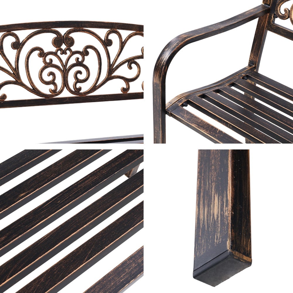 Gardeon Cast Iron Garden Bench in bronze with floral patterned backrest and sturdy steel seat, perfect for outdoor settings.