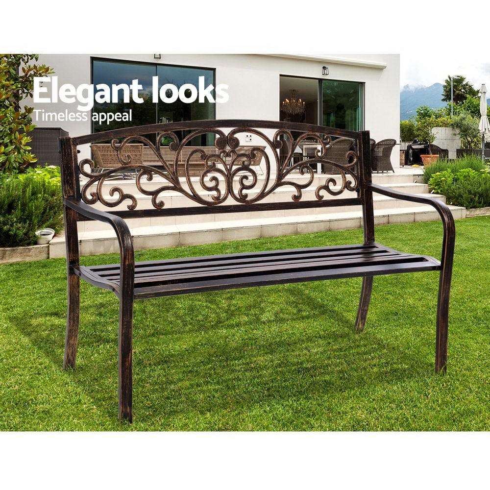 Gardeon Cast Iron Garden Bench in bronze with floral patterned backrest and sturdy steel seat, perfect for outdoor settings.