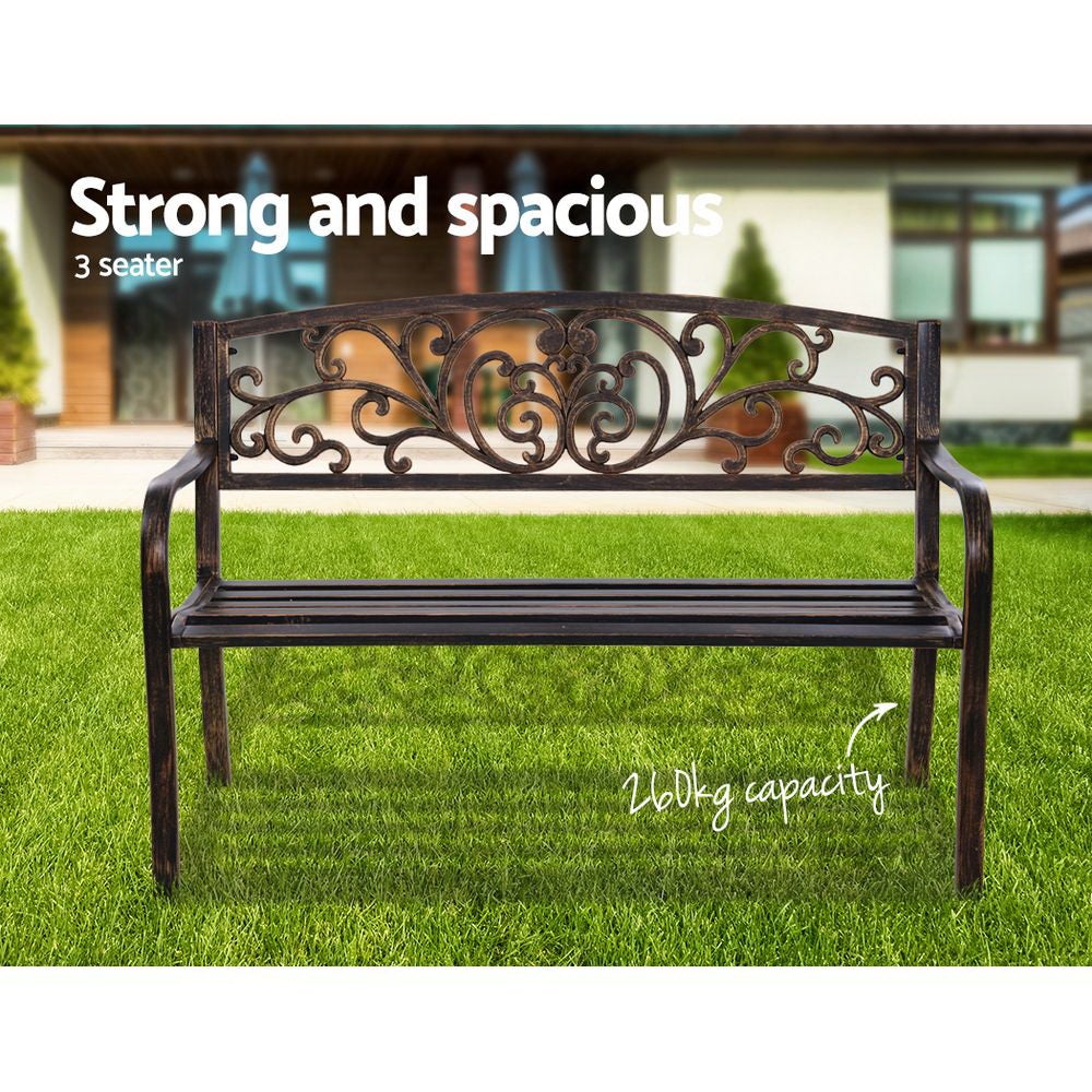 Gardeon Cast Iron Garden Bench in bronze with floral patterned backrest and sturdy steel seat, perfect for outdoor settings.