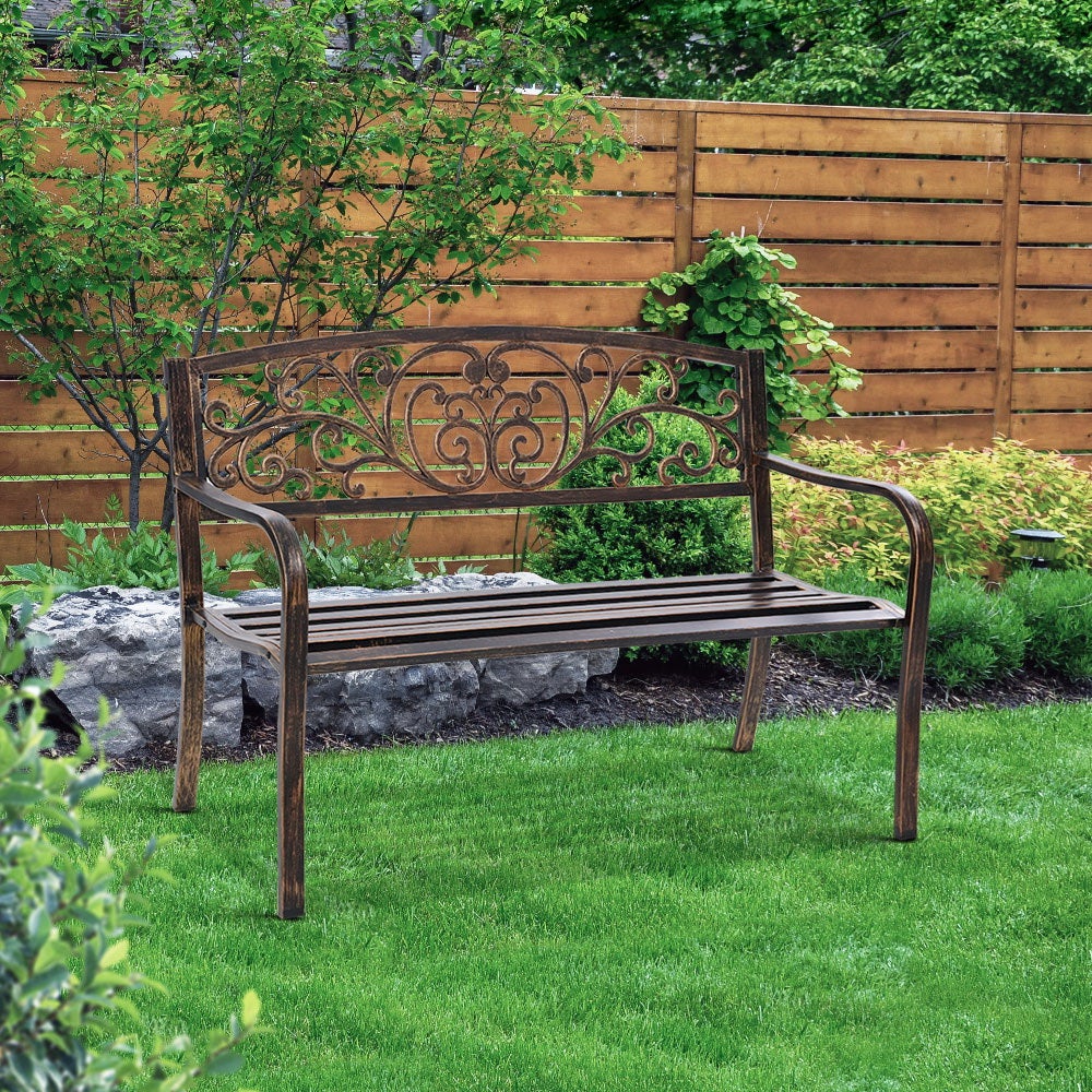 Gardeon Cast Iron Garden Bench in bronze with floral patterned backrest and sturdy steel seat, perfect for outdoor settings.