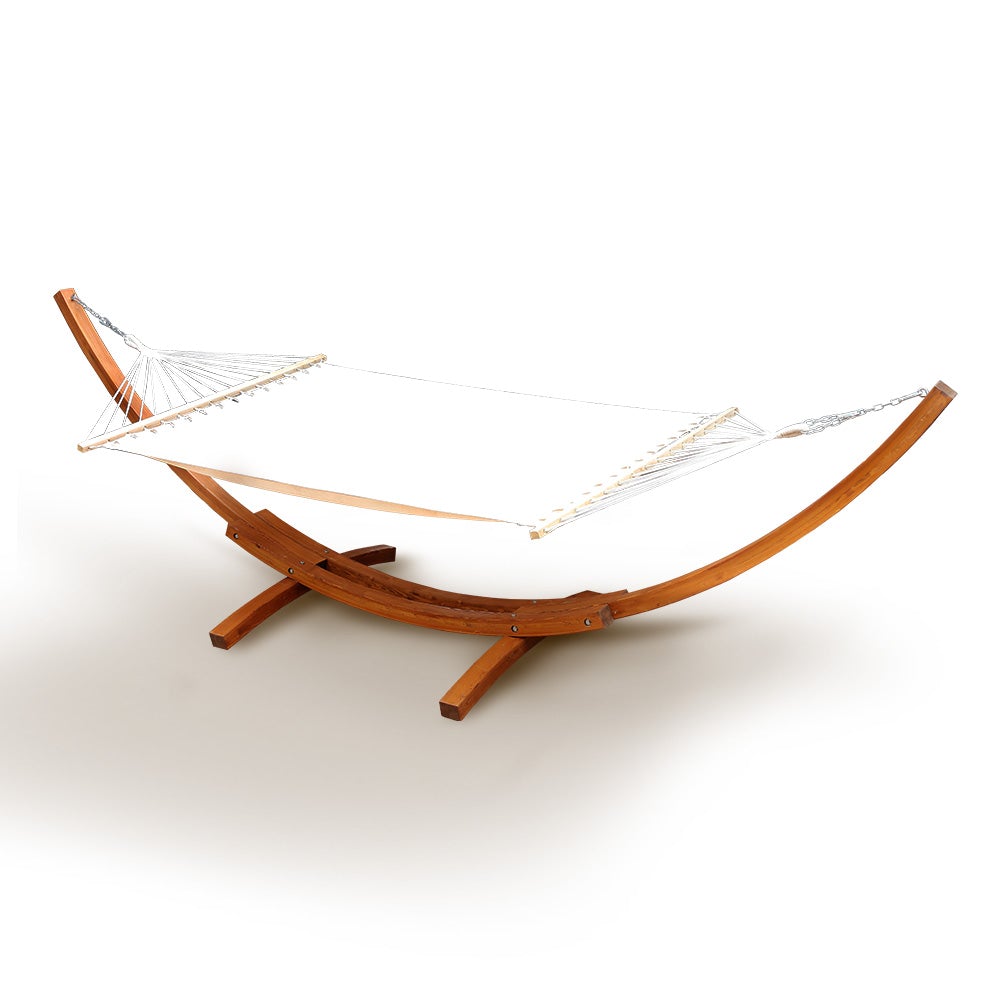 Gardeon Double Hammock with Wooden Stand, featuring a comfortable polyester cotton blend and decorative tassels.