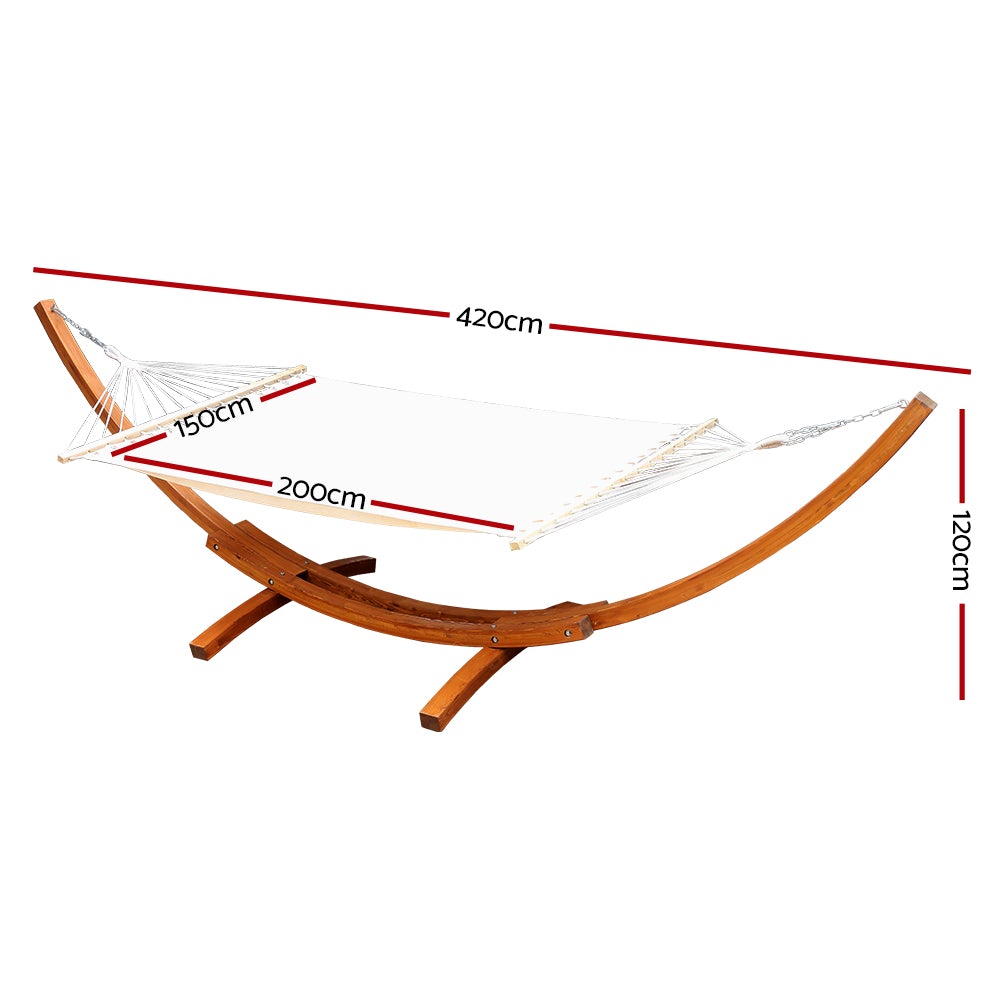 Gardeon Double Hammock with Wooden Stand, featuring a comfortable polyester cotton blend and decorative tassels.