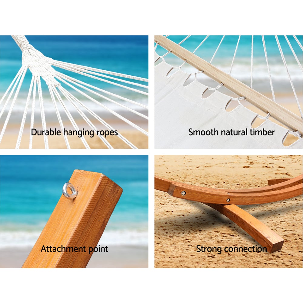 Gardeon Double Hammock with Wooden Stand, featuring a comfortable polyester cotton blend and decorative tassels.