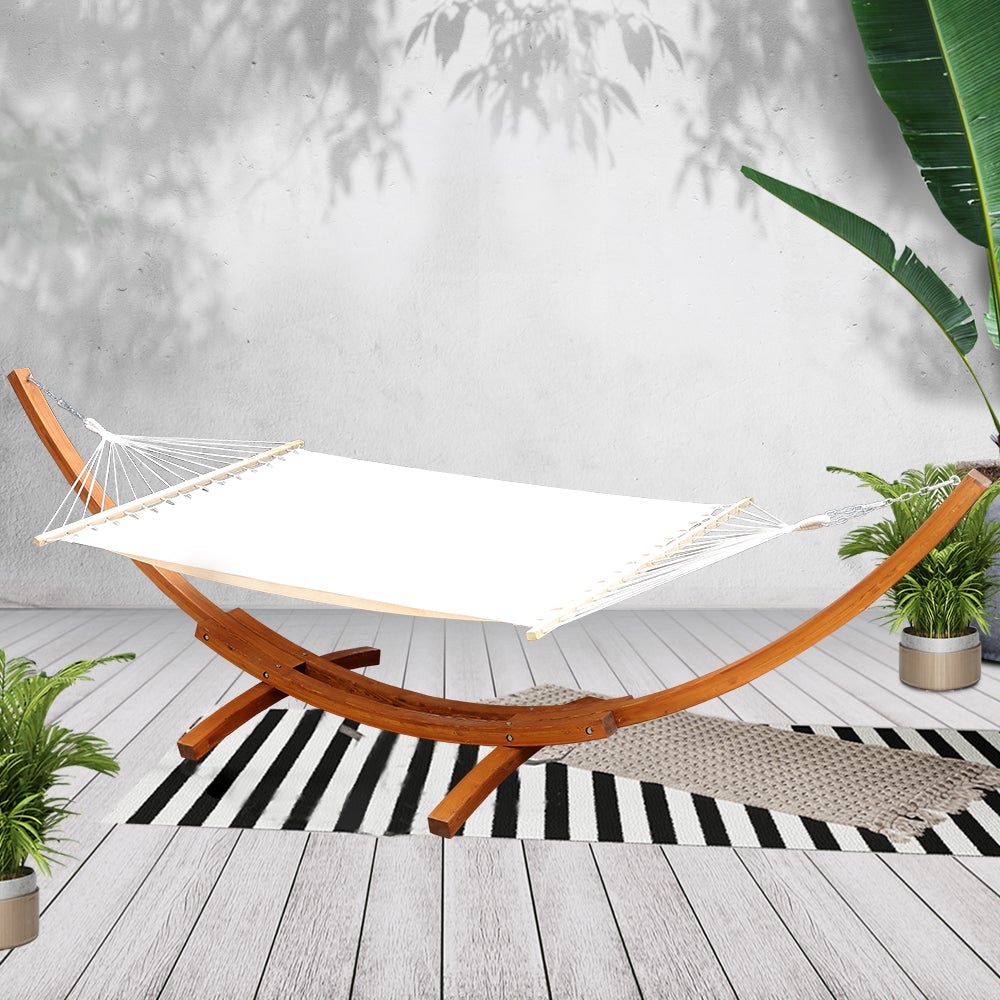 Gardeon Double Hammock with Wooden Stand, featuring a comfortable polyester cotton blend and decorative tassels.