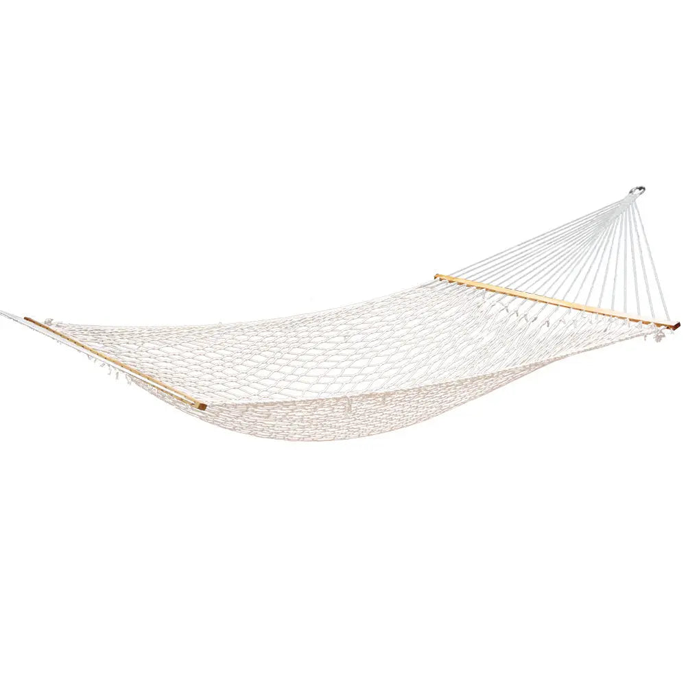 Gardeon Double Swing Hammock Bed in Cream color, featuring solid wooden spreader bars and soft fabric, perfect for two people.