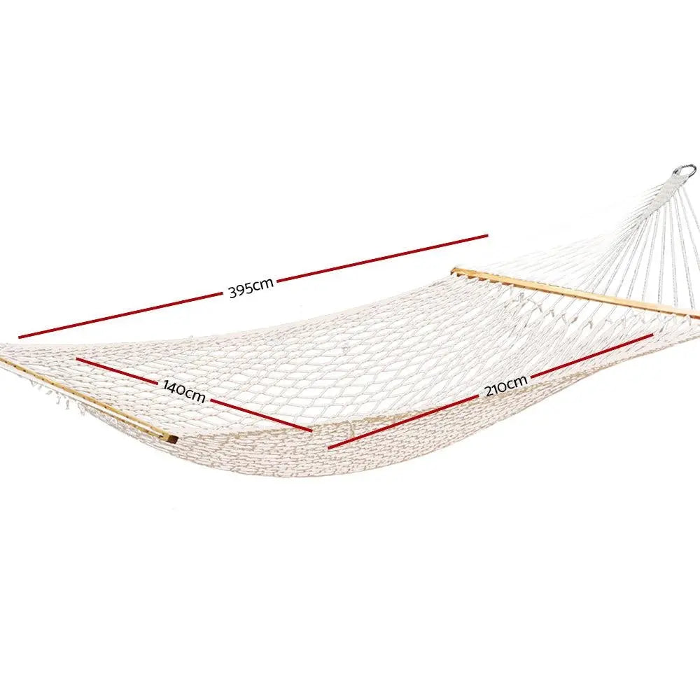 Gardeon Double Swing Hammock Bed in Cream color, featuring solid wooden spreader bars and soft fabric, perfect for two people.