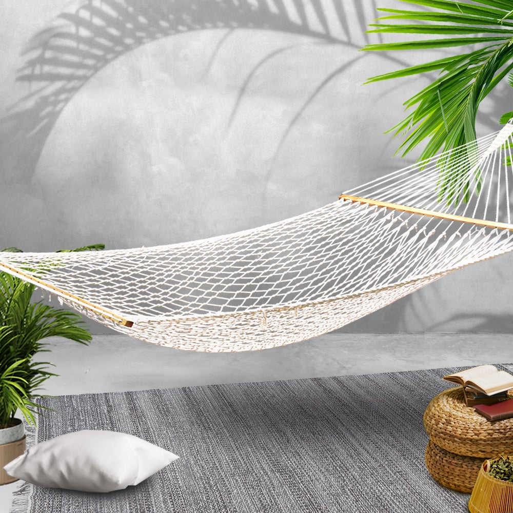 Gardeon Double Swing Hammock Bed in Cream color, featuring solid wooden spreader bars and soft fabric, perfect for two people.