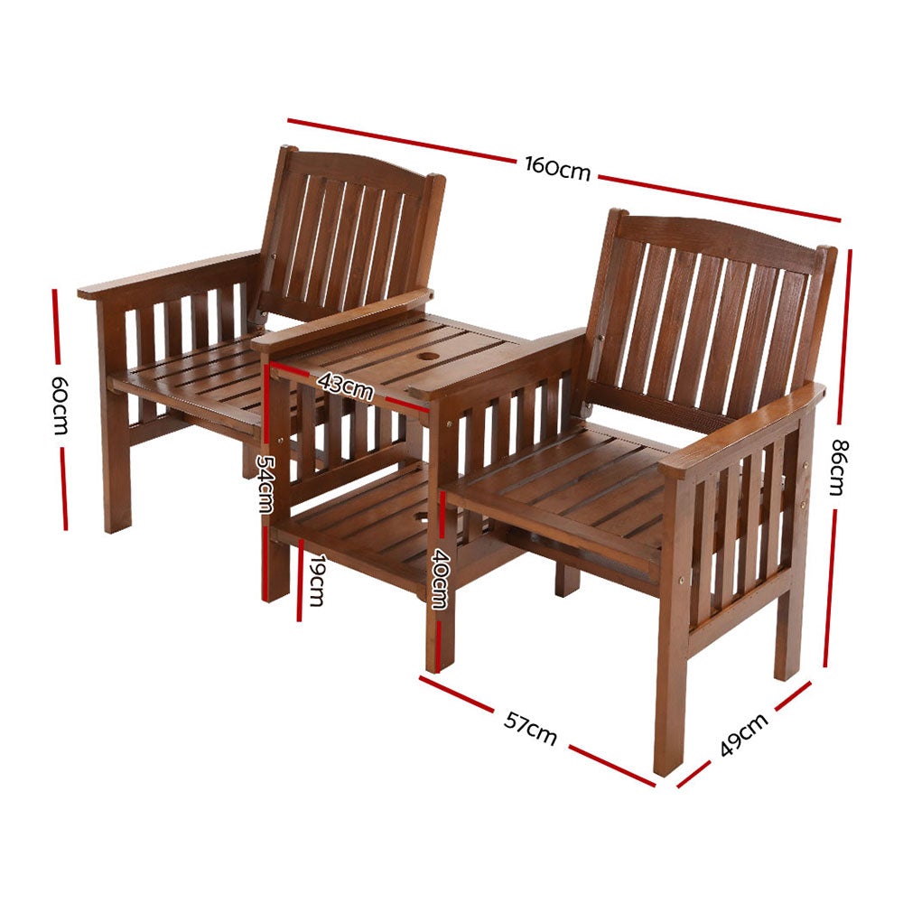 Gardeon Garden Bench Chair Table Loveseat made of natural fir wood, featuring two armchairs and an adjoining table with a parasol hole.