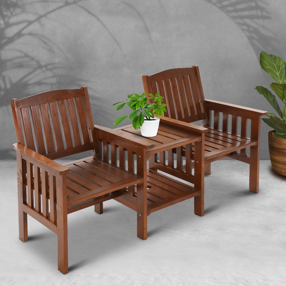 Gardeon Garden Bench Chair Table Loveseat made of natural fir wood, featuring two armchairs and an adjoining table with a parasol hole.