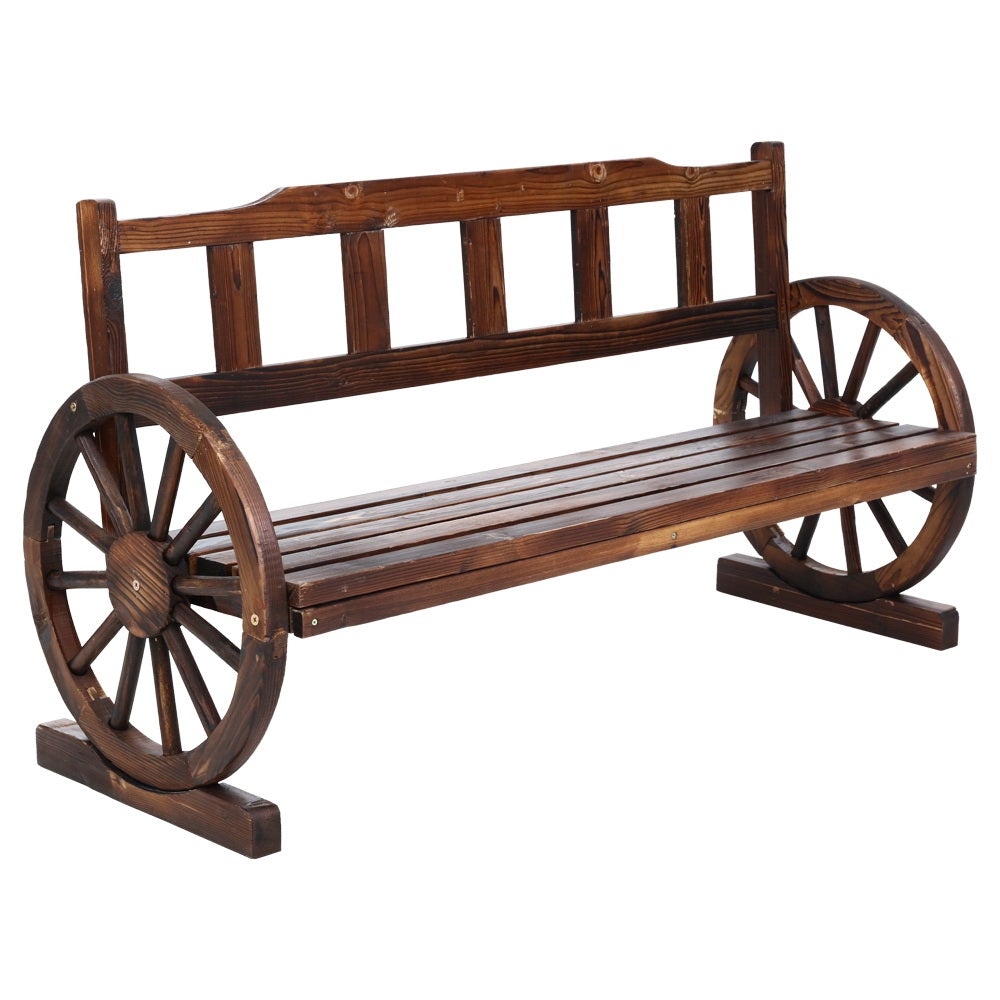 Gardeon Garden Bench Wooden Wagon Chair featuring rustic wagon wheel armrests and a burnt wood finish, designed for outdoor use.