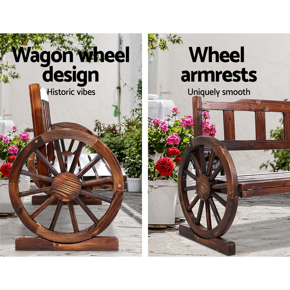 Gardeon Garden Bench Wooden Wagon Chair featuring rustic wagon wheel armrests and a burnt wood finish, designed for outdoor use.