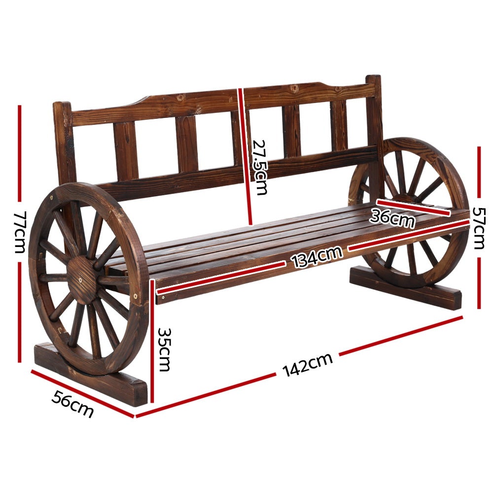 Gardeon Garden Bench Wooden Wagon Chair featuring rustic wagon wheel armrests and a burnt wood finish, designed for outdoor use.