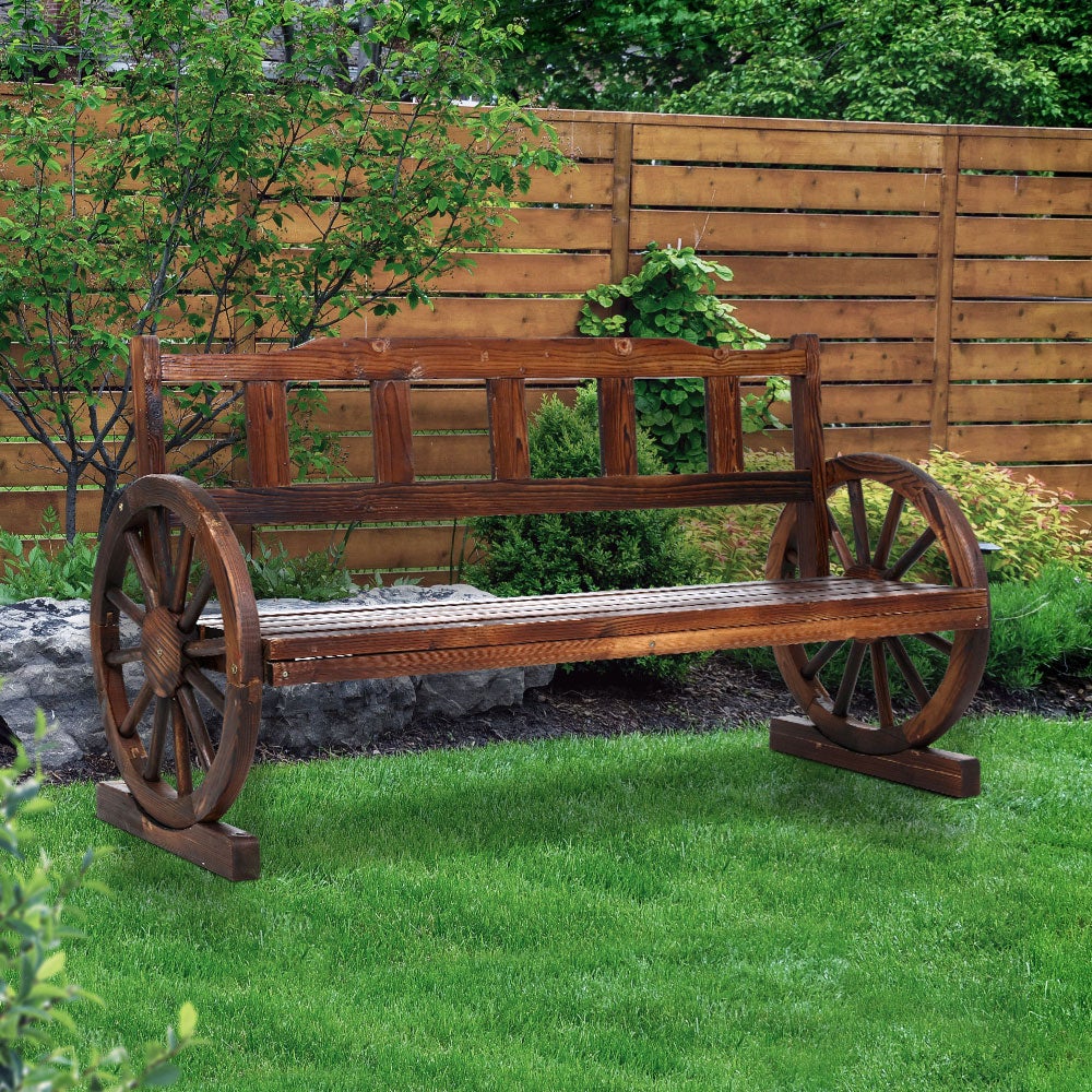 Gardeon Garden Bench Wooden Wagon Chair featuring rustic wagon wheel armrests and a burnt wood finish, designed for outdoor use.