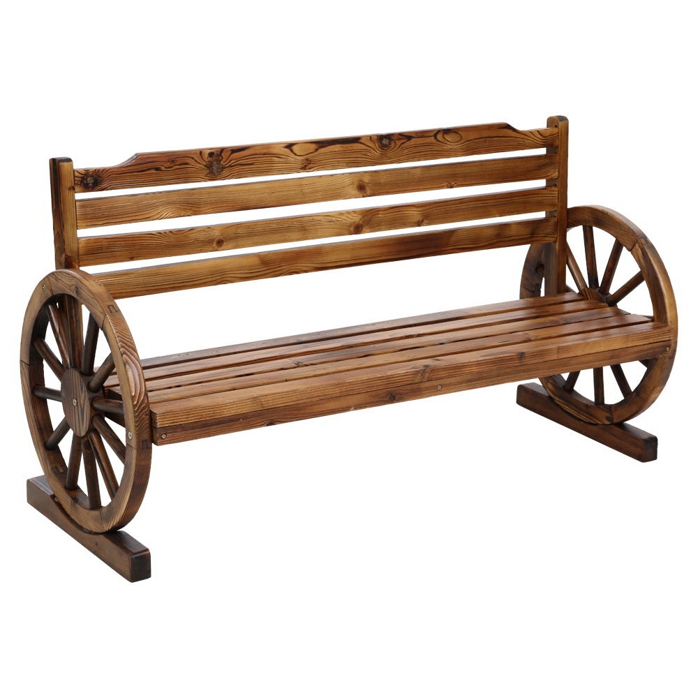 Gardeon Garden Bench Wooden Wagon Chair featuring rustic wagon wheel armrests and a burnt wood finish, designed for outdoor use.