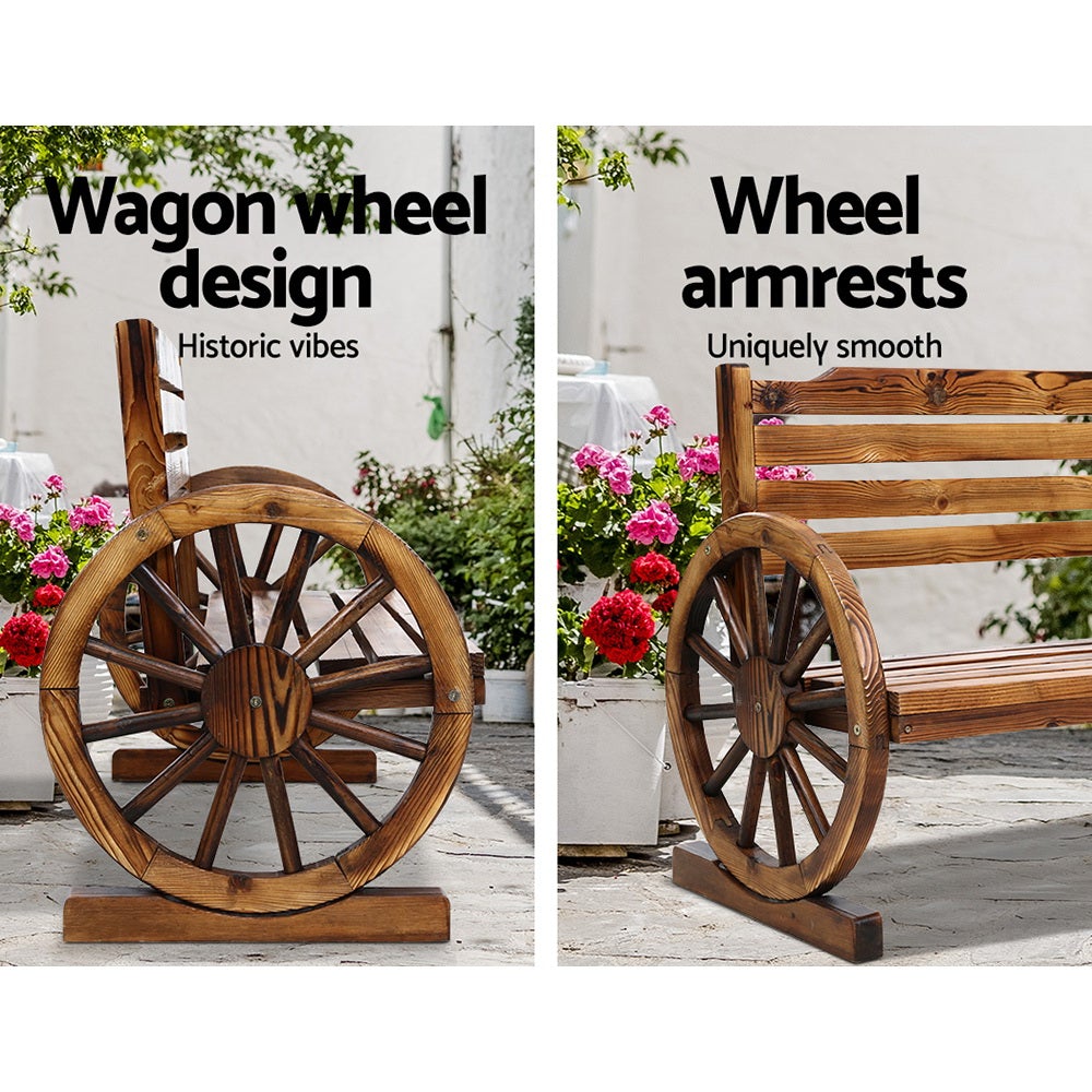 Gardeon Garden Bench Wooden Wagon Chair featuring rustic wagon wheel armrests and a burnt wood finish, designed for outdoor use.