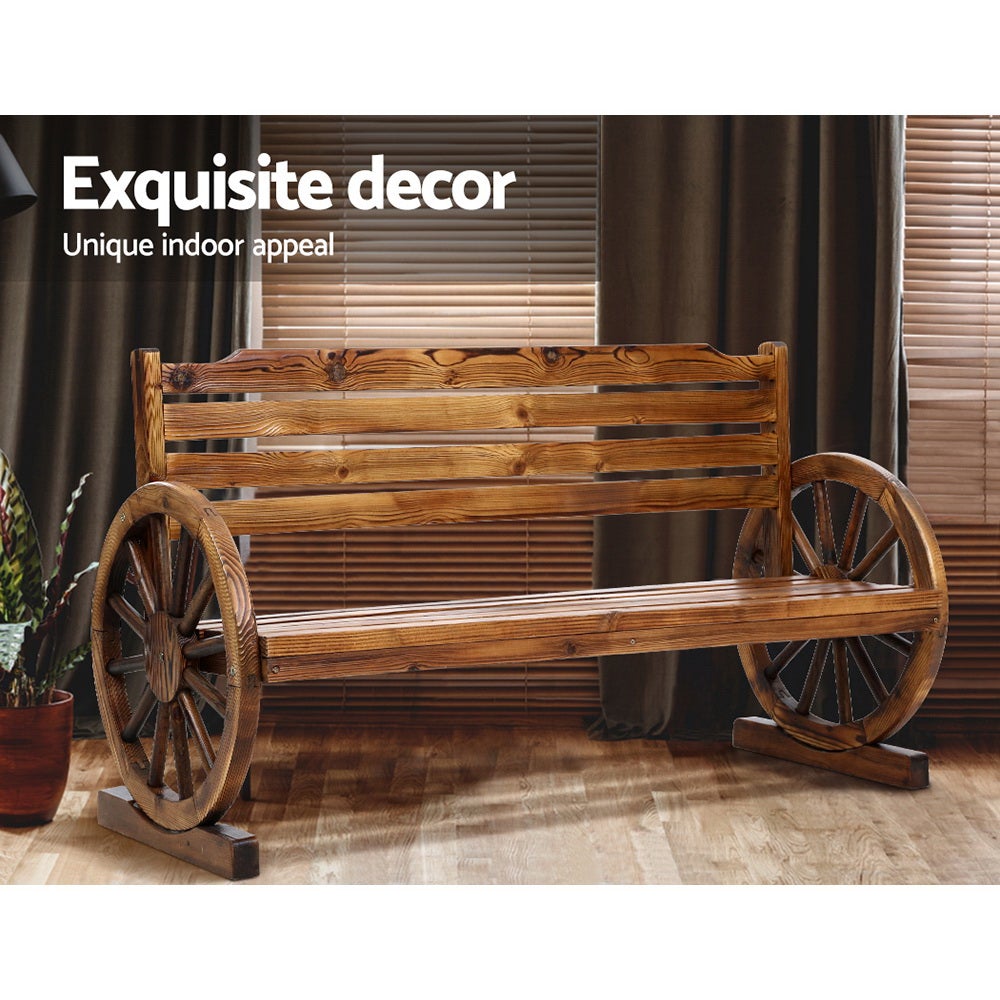 Gardeon Garden Bench Wooden Wagon Chair featuring rustic wagon wheel armrests and a burnt wood finish, designed for outdoor use.