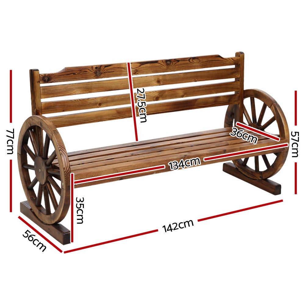 Gardeon Garden Bench Wooden Wagon Chair featuring rustic wagon wheel armrests and a burnt wood finish, designed for outdoor use.