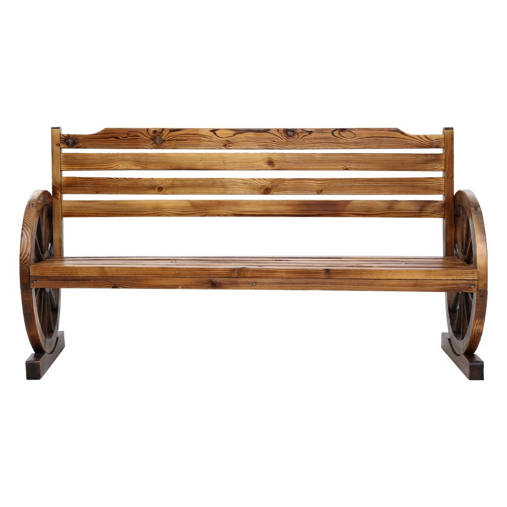 Gardeon Garden Bench Wooden Wagon Chair featuring rustic wagon wheel armrests and a burnt wood finish, designed for outdoor use.