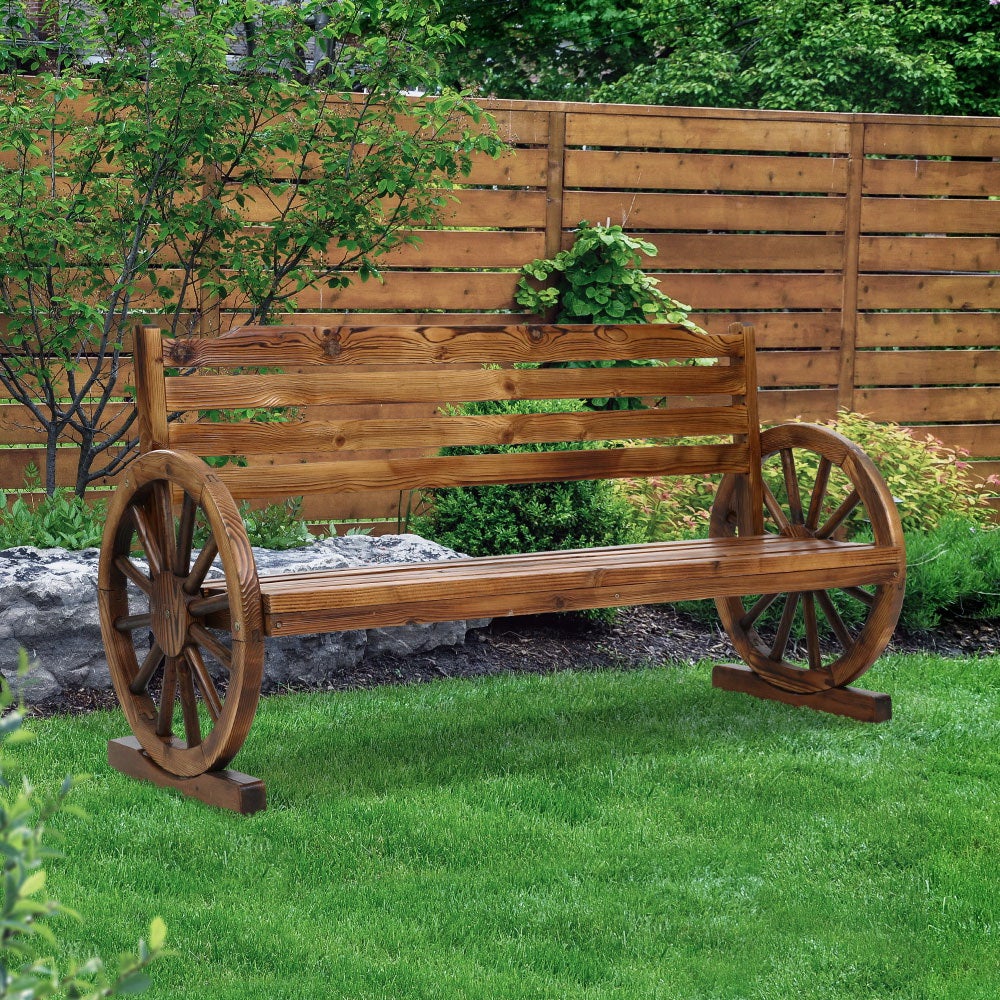 Gardeon Garden Bench Wooden Wagon Chair featuring rustic wagon wheel armrests and a burnt wood finish, designed for outdoor use.